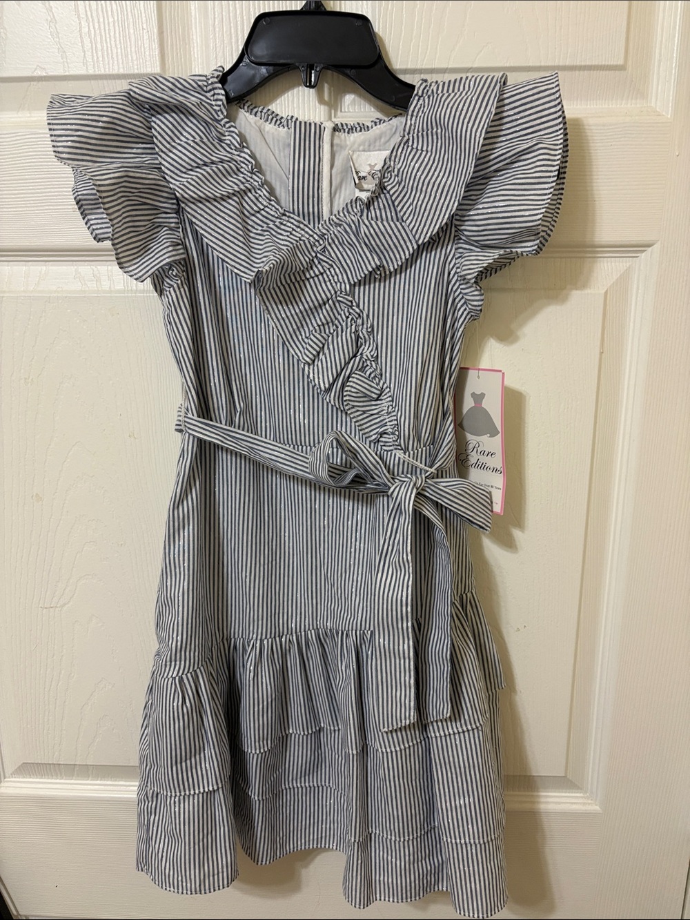Rare Editions Blue & White Pinstripe Ruffle Dress
